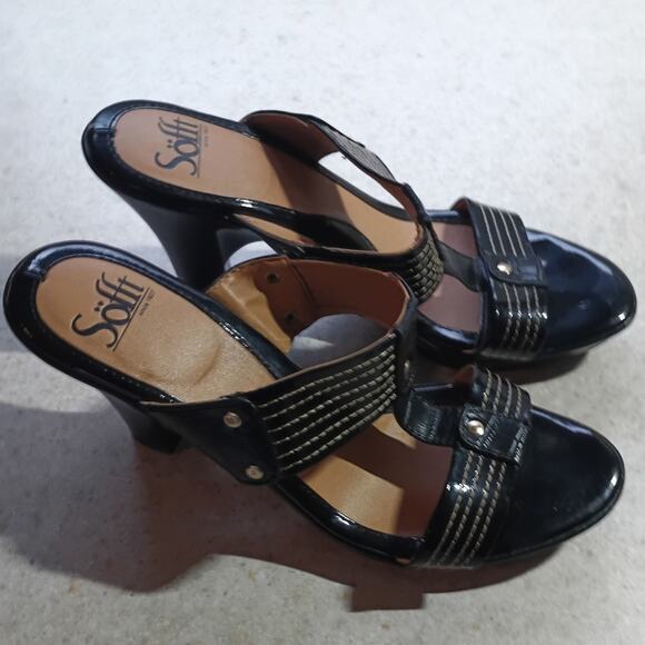 Sofft Leather Strappy Slide Heels 8.5 Black Patent Leather Comfort Wood Heel - Picture 2 of 9